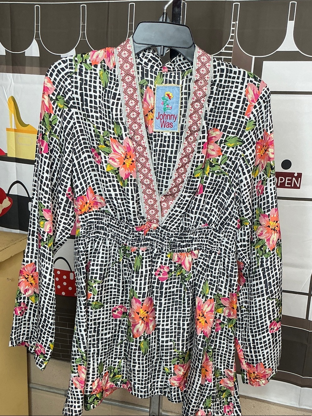 Johnny Was Black Grid Tunic with Pink Floral Print #2285